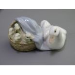 LLADRO - group of a white goose with four goslings in a basket