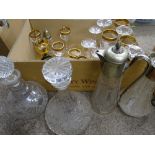 NON-MATCHING PAIR OF SILVER PLATED & GLASS CLARET JUGS, a ship's decanter and one other and drinking