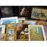 LARGE PARCEL OF FRAMED PRINTS, oil painting of an elderly man reading a Bible ETC