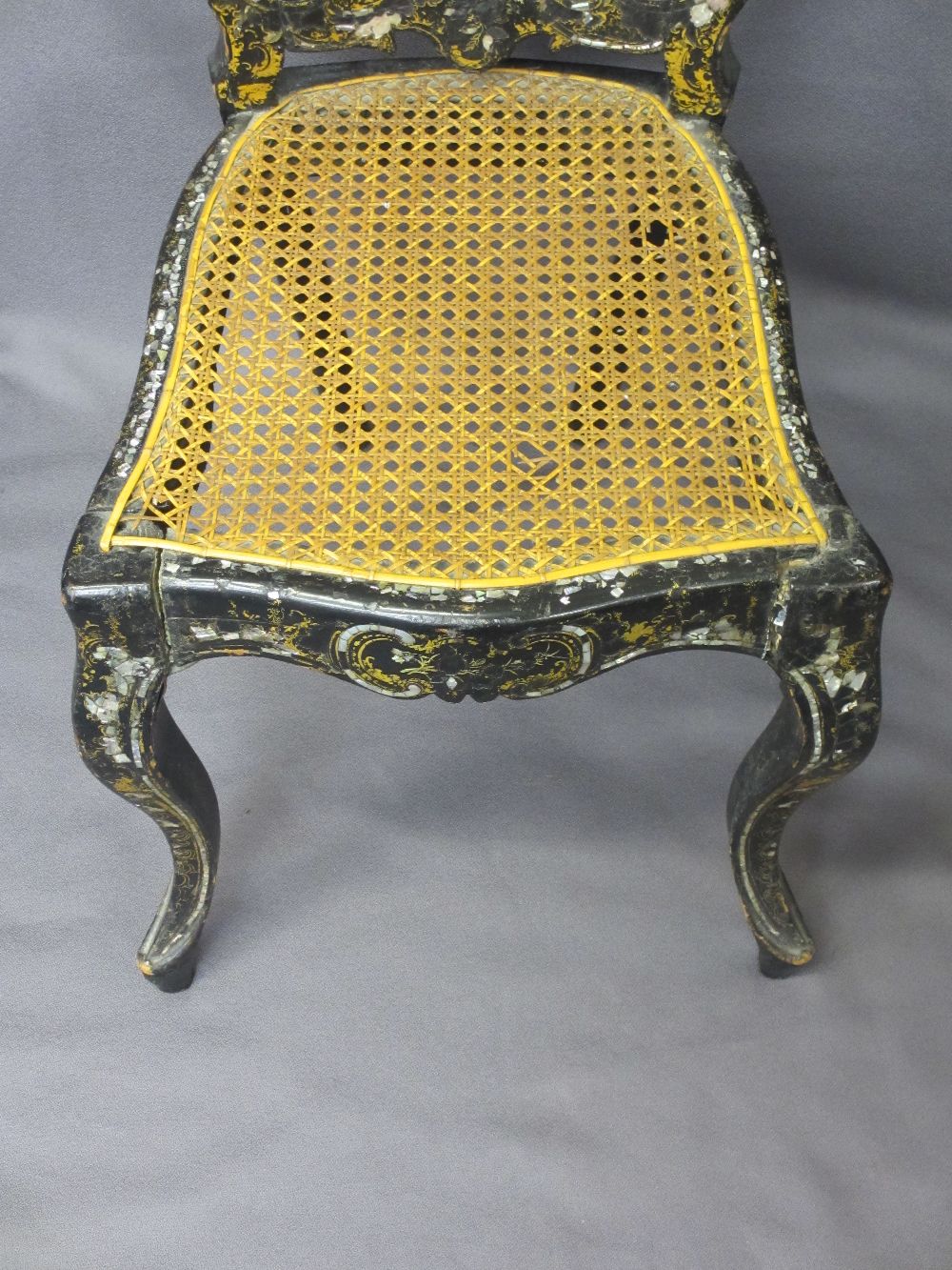 MOTHER OF PEARL INLAID SIDE CHAIR, Victorian papier mache and lacquer with caned seat, 83.5cms H, - Image 3 of 3