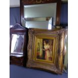 OVERMANTEL MIRROR, small wooden mirror with shelf, gilt framed print - lady looking through a window