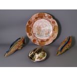 JAPANESE KUTANI SATSUMA DISH, TEAPOT etc, 18cms D, painted in gilded iron reds with central scene