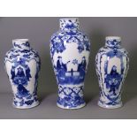 THREE CHINESE BLUE & WHITE PORCELAIN VASES of baluster form, including two bat decorated examples of
