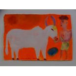 CHRISTOPHER CORR gouache on paper - white sacred cow with figure, signed, 20 x 29cms