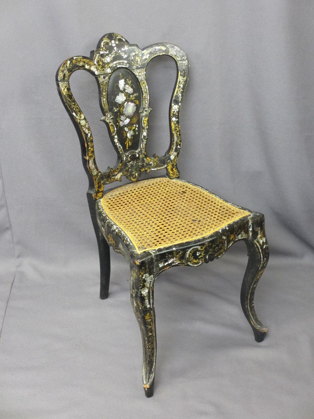 MOTHER OF PEARL INLAID SIDE CHAIR, Victorian papier mache and lacquer with caned seat, 83.5cms H,