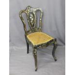 MOTHER OF PEARL INLAID SIDE CHAIR, Victorian papier mache and lacquer with caned seat, 83.5cms H,