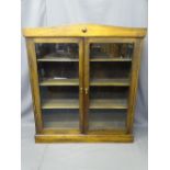 VINTAGE OAK TWO DOOR GLASS FRONTED BOOKCASE, 110cms H, 99cms W, 26cms D