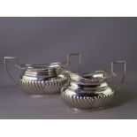 LARGE SILVER SUGAR BOWL & CREAM JUG in half reeded pattern with rope and shell border, Chester 1929,