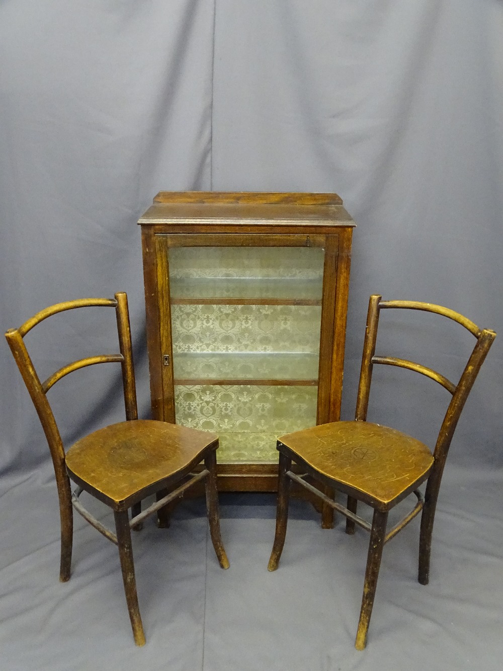 SINGLE GLAZED DOOR OAK DISPLAY CABINET and two bentwood chairs, various measurements
