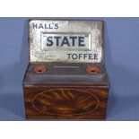 UNUSUAL DESK TIDY TIN with advertisement for 'Halls State Toffee'
