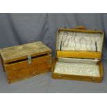 VINTAGE SUITCASE with copper tube steady hand puzzle and a vintage lidded wooden box