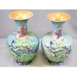 STAFFORDSHIRE LUSTRE VASES with kingfisher decoration (A/F), 30cms H