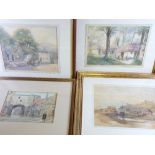 C E ? watercolours, a pair - country scenes, initialled, 20 x 25cms, J HUNTER watercolour - street
