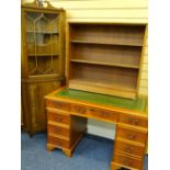 YEW WOOD PEDESTAL DESK, 75.5cms H, 121cms W, 60cms D, glass topped corner cabinet 183cms H, 67cms