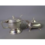 TWO SILVER MUSTARD POTS with liners, 1936 Gieves Ltd and 1962 John Rose with spoon, 99 grms gross