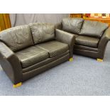 PAIR OF LOUNGE SETTEES, dark leather effect, 68cms H, 150cms W, 55cms D the seat