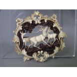 UNUSUAL FINELY CARVED VICTORIAN ANTLER BROOCH with stag and deer scene surrounded by ferns