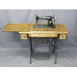 VINTAGE SINGER SEWING MACHINE TABLE with pedal drive cast iron base, 78cms H, 87cms W, 41cms D