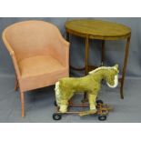 INLAID OVAL MAHOGANY TWO TIER TABLE, Lloyd loom type armchair and vintage plush sit-on toy