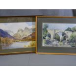 E GRIEG HALL watercolour - Lake District mountainscape and lake, signed, 27 x 37cms and T WEARING