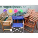 TEAK SLAT BACK GARDEN BENCH, 125cms W, drop leaf table and folding chairs, two fold-up camping