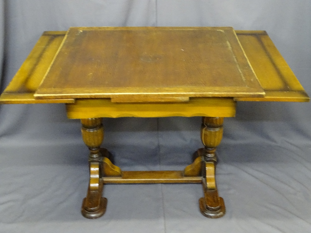 VINTAGE OAK DRAW LEAF DINING TABLE and four highback chairs along with a wicker drawer storage - Image 3 of 5