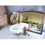 MOTTLED GLASS CEILING LAMPSHADE, copper coffee pot and two oak framed mirrors