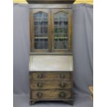 VINTAGE OAK BUREAU BOOKCASE, twin leaded glass upper doors over a fall front with fitted interior