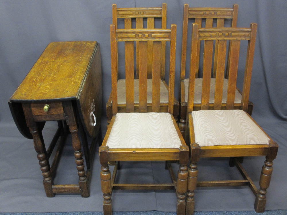 ANTIQUE OAK GATE LEG DINING TABLE, joined oak construction with single end drawer on bobbin turned