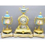 CLOCK GARNITURE SET, super quality Japy Freres French gilt and Sevres style porcelain mounted, the