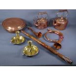 COPPER & BRASSWARE - long handled bedwarmer, two kettles, two bugles and a pair of candlesticks