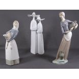 THREE LLADRO FIGURINES - girl with pitchers, girl with lamb and two nuns
