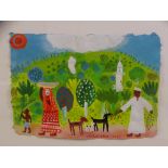 CHRISTOPHER CORR gouache on paper - hillside landscape with figures and animals, signed, 21 x 29cms