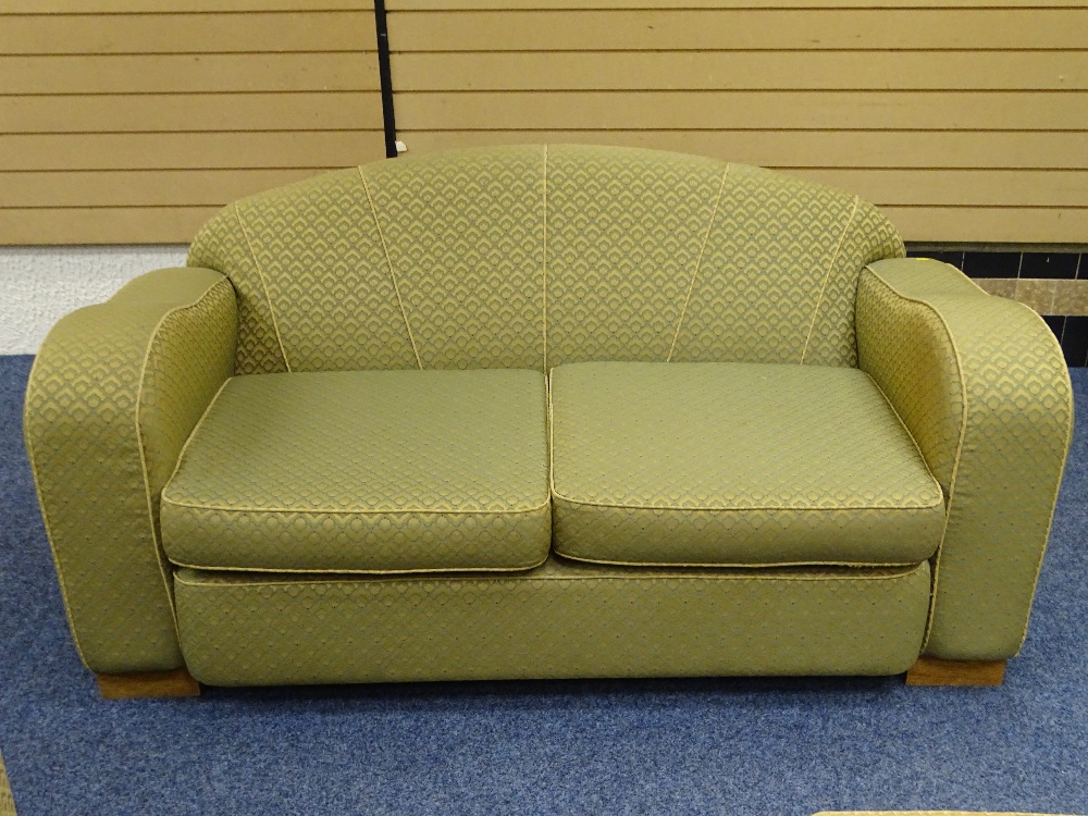 TWO ART DECO LOUNGE SETTEES and a footstool, 80cms H, 138 and 168cms W, 63cms D the seats - Image 2 of 4