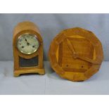CLOCKS - an oak cased dome top mantel clock and an unusual Deco walnut wall clock