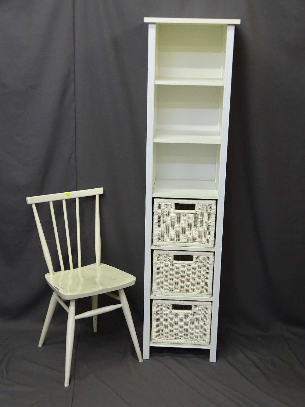 VINTAGE OAK DRAW LEAF DINING TABLE and four highback chairs along with a wicker drawer storage - Image 4 of 5