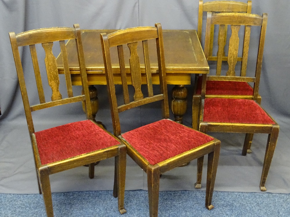 VINTAGE OAK DRAW LEAF DINING TABLE and four highback chairs along with a wicker drawer storage - Image 2 of 5