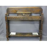 CARVED OAK HALL STICK STAND, reduced height with lion mask central drawer and turned front