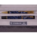 PARKER - 1996 blue marble Parker Duofold International fountain pen and ballpoint pen set with