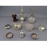 SMALL SILVER TABLEWARE including a pierced top sugar caster, a two handled dish with frosted glass