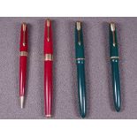 PARKER - Two vintage (1950s-60s) green Parker fountain pens, one Parker Slimfold with gold trim