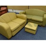 TWO ART DECO LOUNGE SETTEES and a footstool, 80cms H, 138 and 168cms W, 63cms D the seats