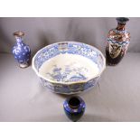 MASONS IRONSTONE WASHBOWL, 40cms D and three cloisonne vases