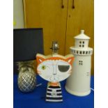TABLE LAMPS - three novelty including 'Pineapple', Light House' and 'A Wooden Cat' by Lesley