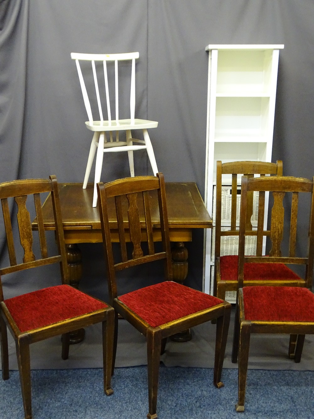 VINTAGE OAK DRAW LEAF DINING TABLE and four highback chairs along with a wicker drawer storage