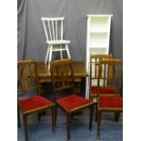 VINTAGE OAK DRAW LEAF DINING TABLE and four highback chairs along with a wicker drawer storage