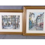 P E CAMBIER watercolours, a pair - French street scenes, 21 x 17cms
