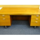 MID CENTURY TEAK OFFICE DESK with aluminium handles on chrome supports, 72cms H, 180cms W, 90cms D