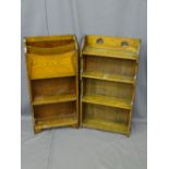 TWO VINTAGE OAK BOOKSHELVES, one having an upper magazine rack, 81 x 43 x 15cms and 81 x 39 x 15cms