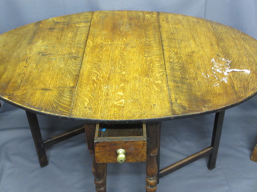 ANTIQUE OAK GATE LEG DINING TABLE, joined oak construction with single end drawer on bobbin turned - Image 2 of 4